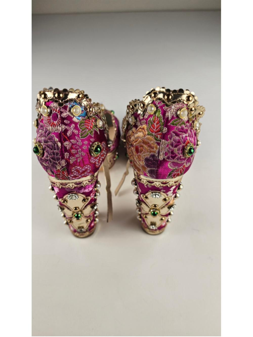 Embellished Pink Floral Platform Heels by ALTAIR WANG - Picture 4 of 8